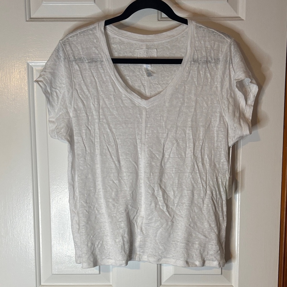 Sigrid Olsen White Short Sleeve V-Neck Linen Tee